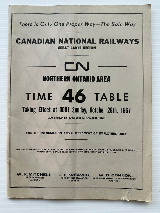 Canadian National Railways (CNR) Employees' Operating Timetable - Great Lakes Region - Northern Ontario Area - October 1967, #46