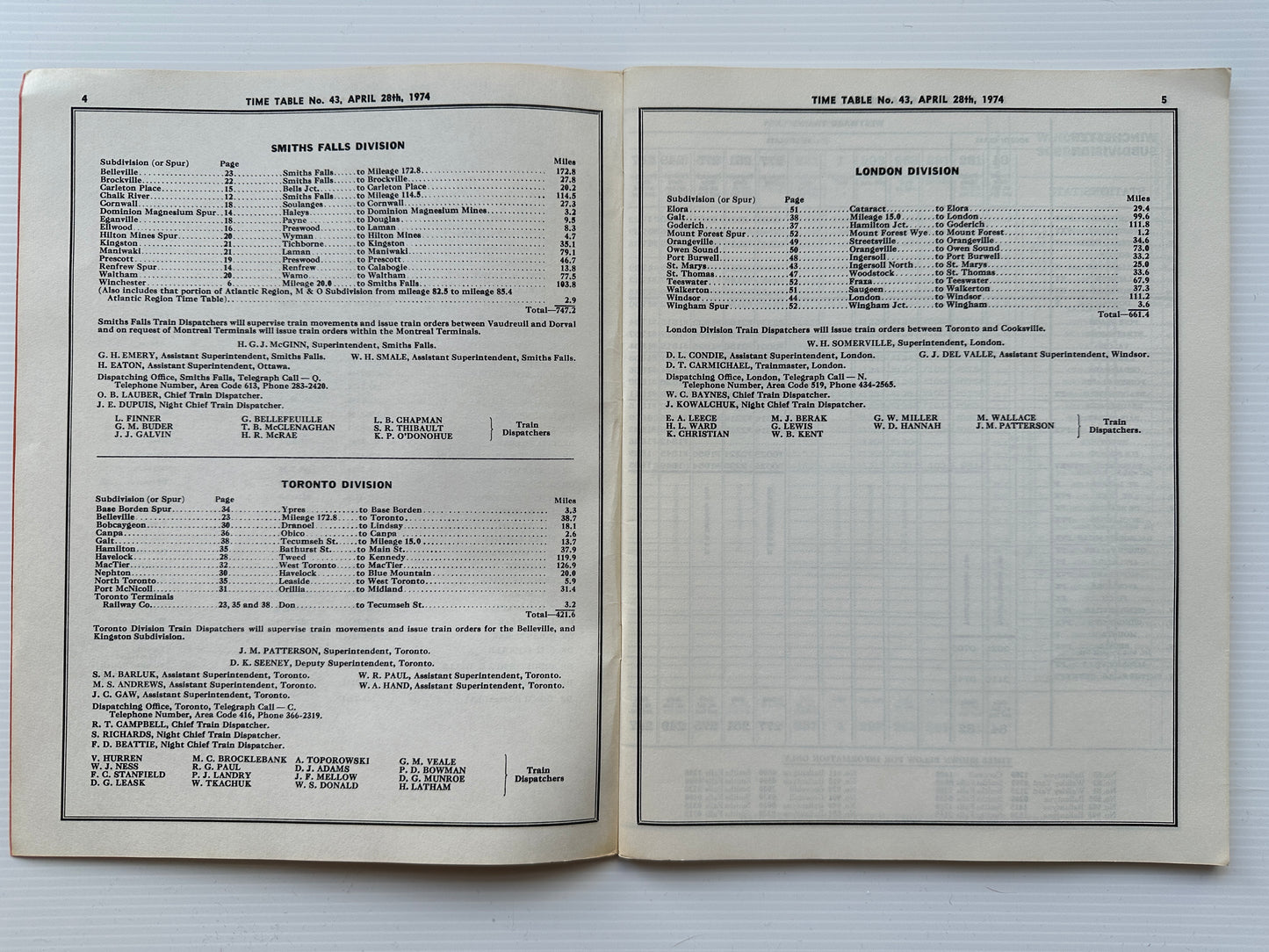 Canadian Pacific Railway (CPR) Employees' Operating Timetable - Eastern Region - Smiths Falls, Toronto and London Divisions - April 28, 1974, #43