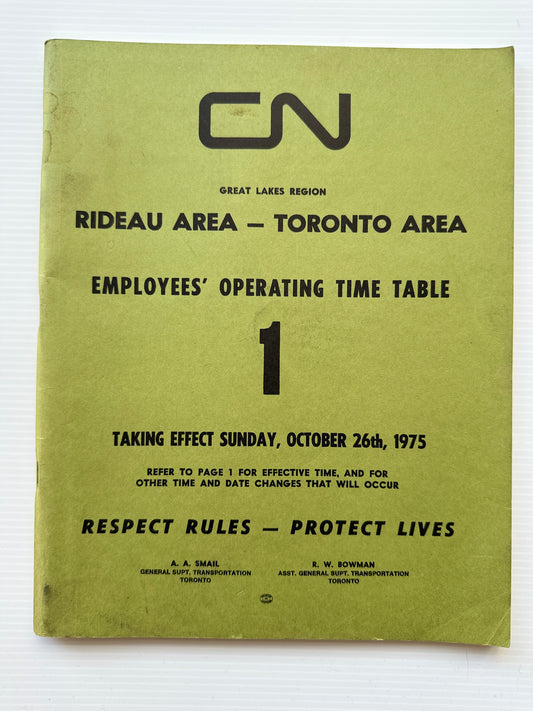 Canadian National Railways (CNR) Employees' Operating Timetable - Great Lakes Region - Rideau and Toronto Areas - Oct 1975, #1