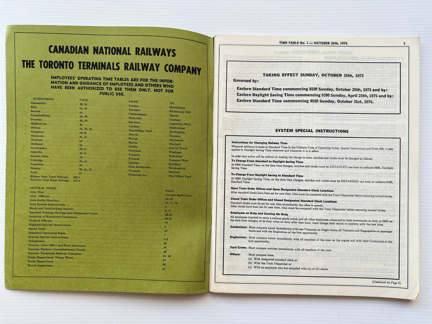 Canadian National Railways (CNR) Employees' Operating Timetable - Great Lakes Region - Rideau and Toronto Areas - Oct 1975, #1