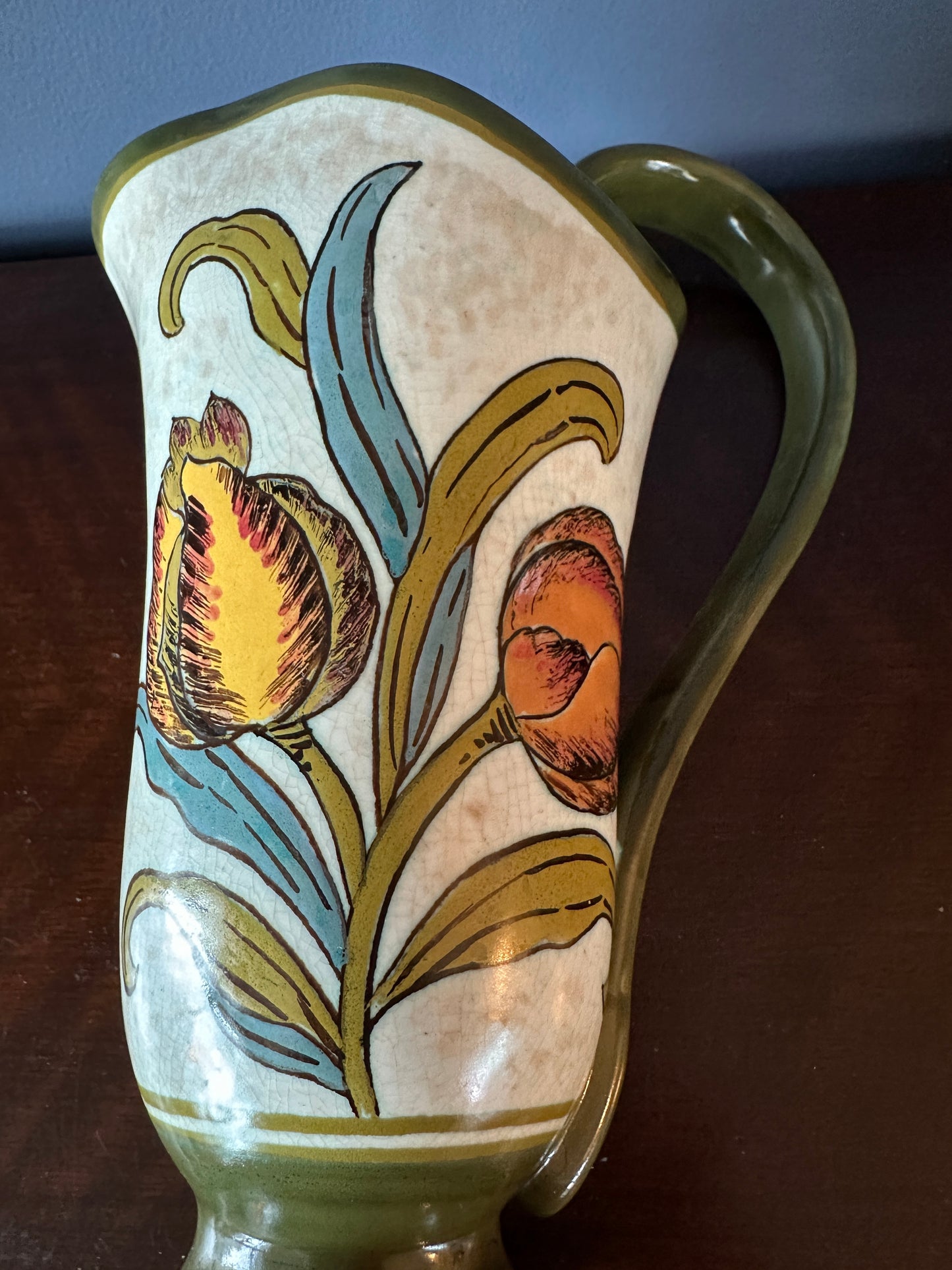 Gouda Pottery Jug with Hand Painted Tulips