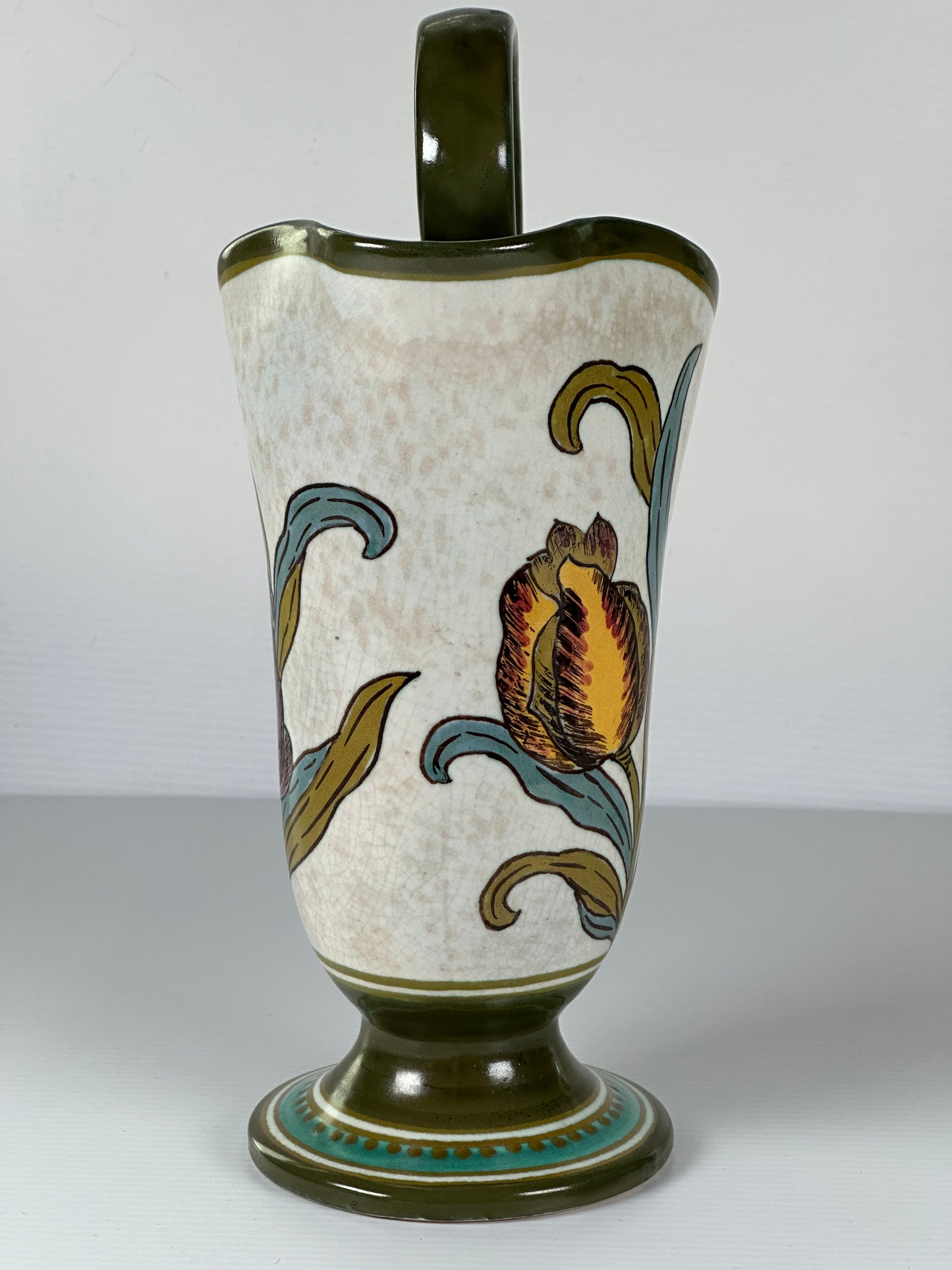 Gouda Pottery Jug with Hand Painted Tulips