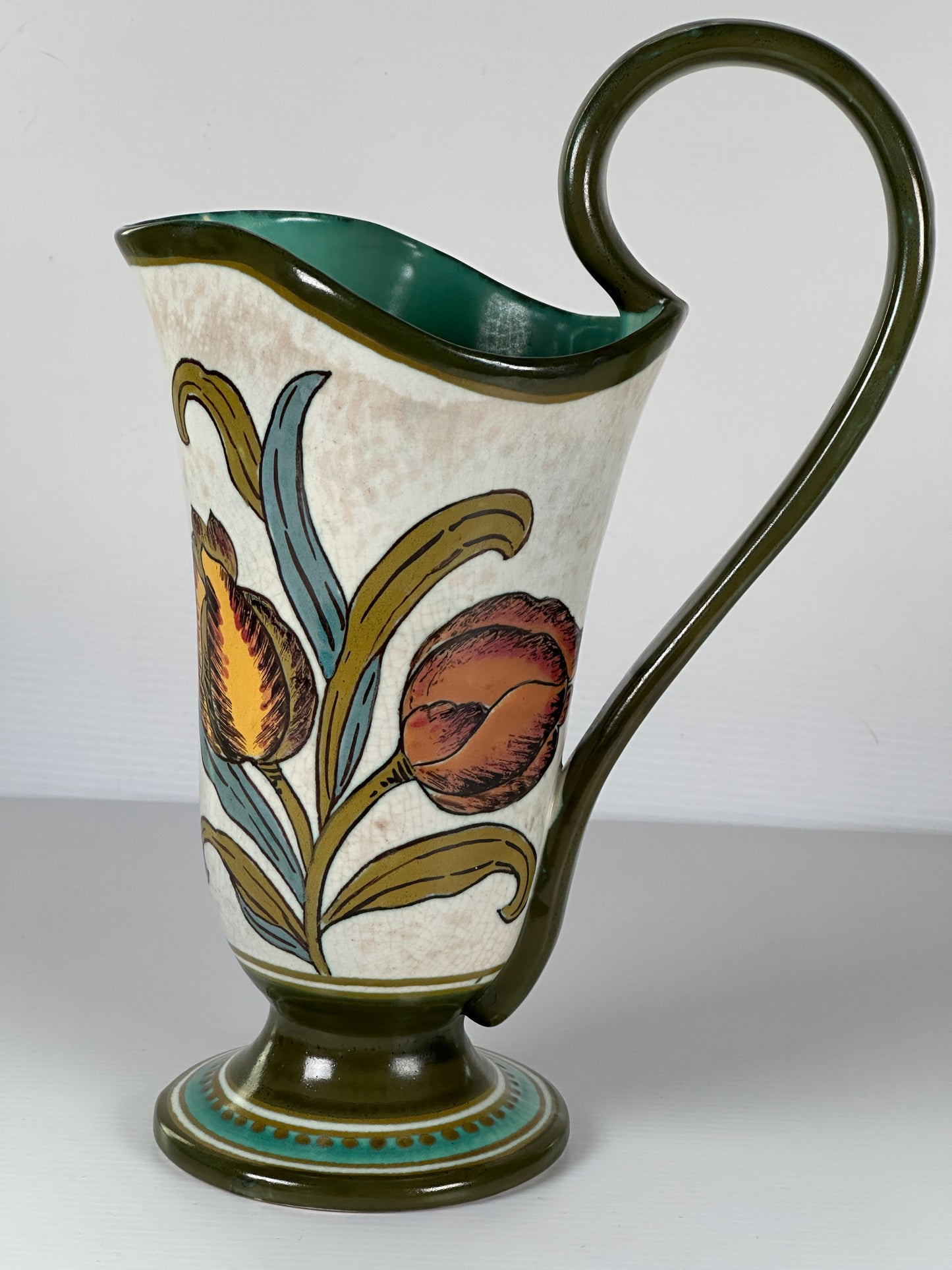 Gouda Pottery Jug with Hand Painted Tulips