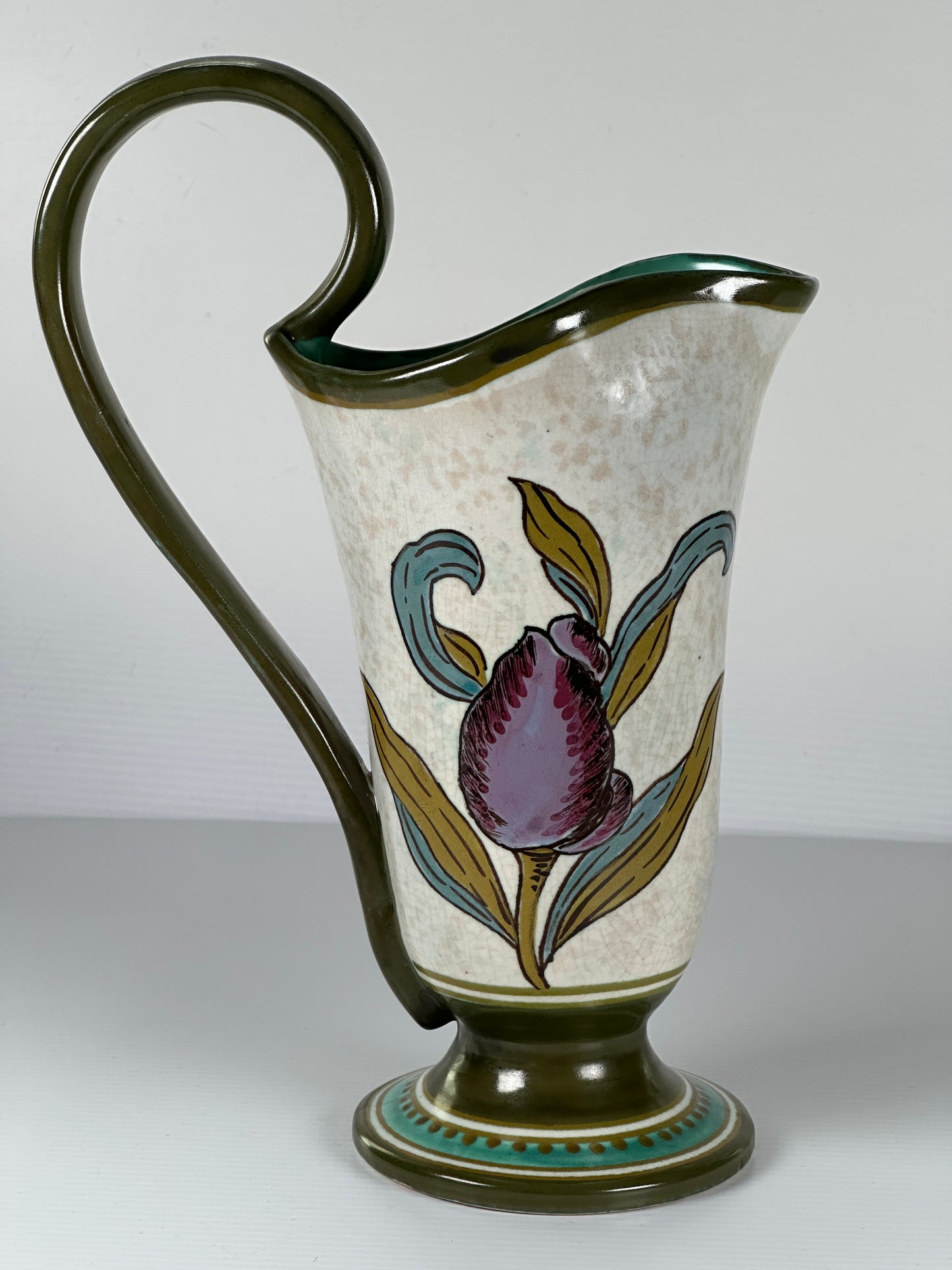 Gouda Pottery Jug with Hand Painted Tulips