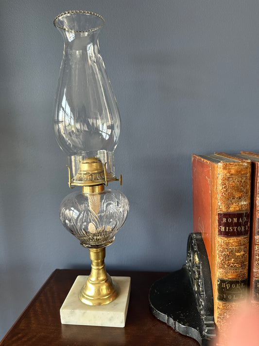Glass Pedestal Oil Lamp with Brass Stem and Marble Base