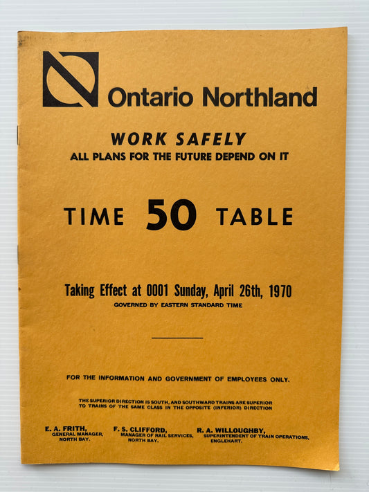 Ontario Northland Railway Employees' Operating Timetable - April 26, 1970, #50