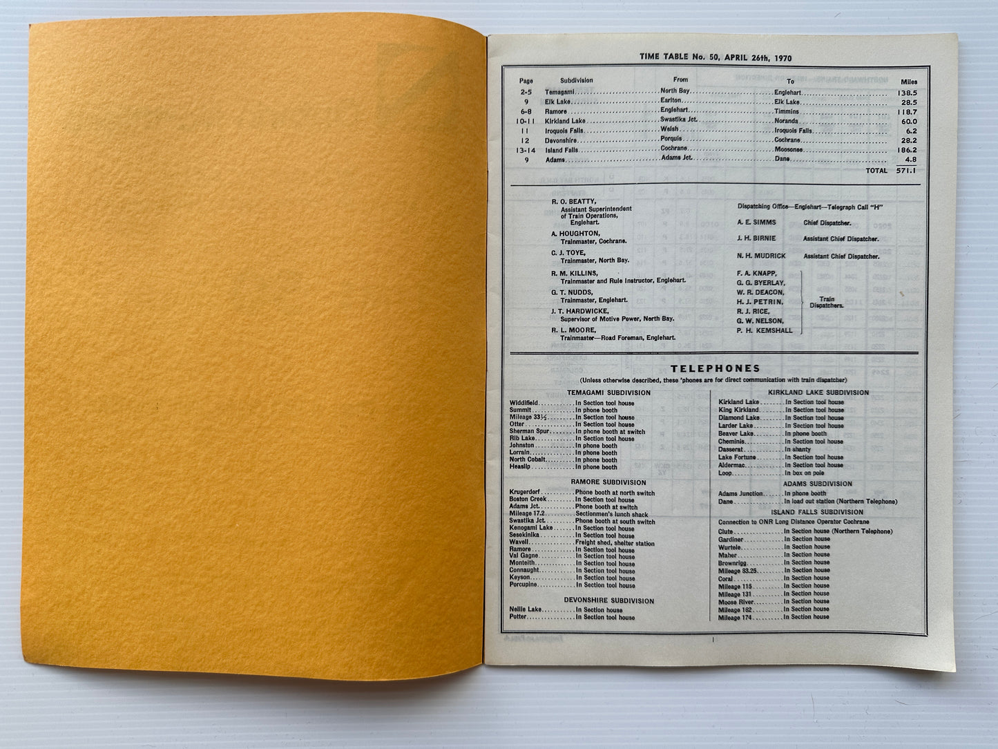 Ontario Northland Railway Employees' Operating Timetable - April 26, 1970, #50