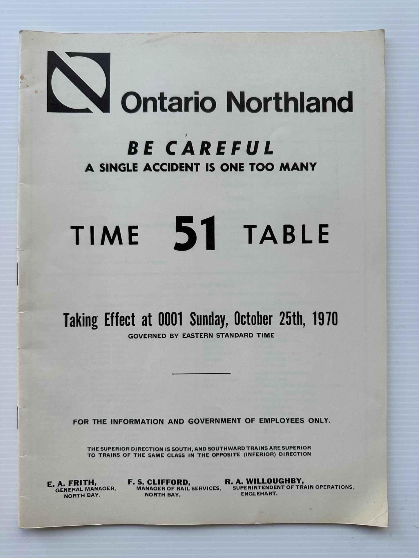 Ontario Northland Railway Employees' Operating Timetable - Oct 25, 1970, #51