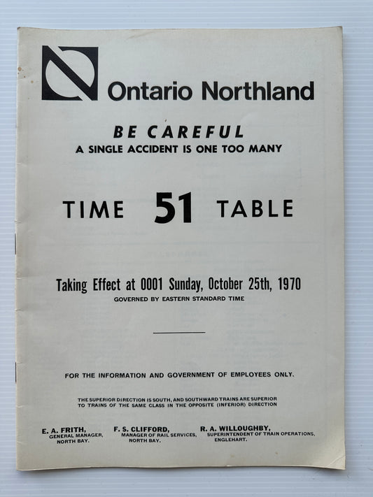 Ontario Northland Railway Employees' Operating Timetable - Oct 25, 1970, #51