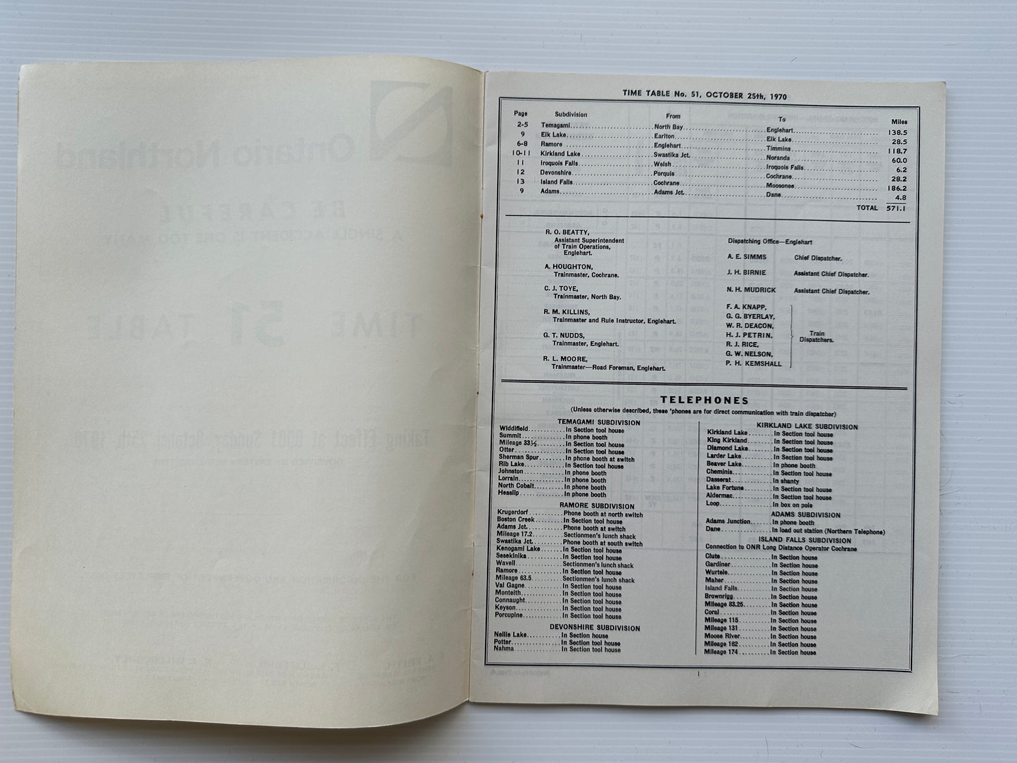 Ontario Northland Railway Employees' Operating Timetable - Oct 25, 1970, #51