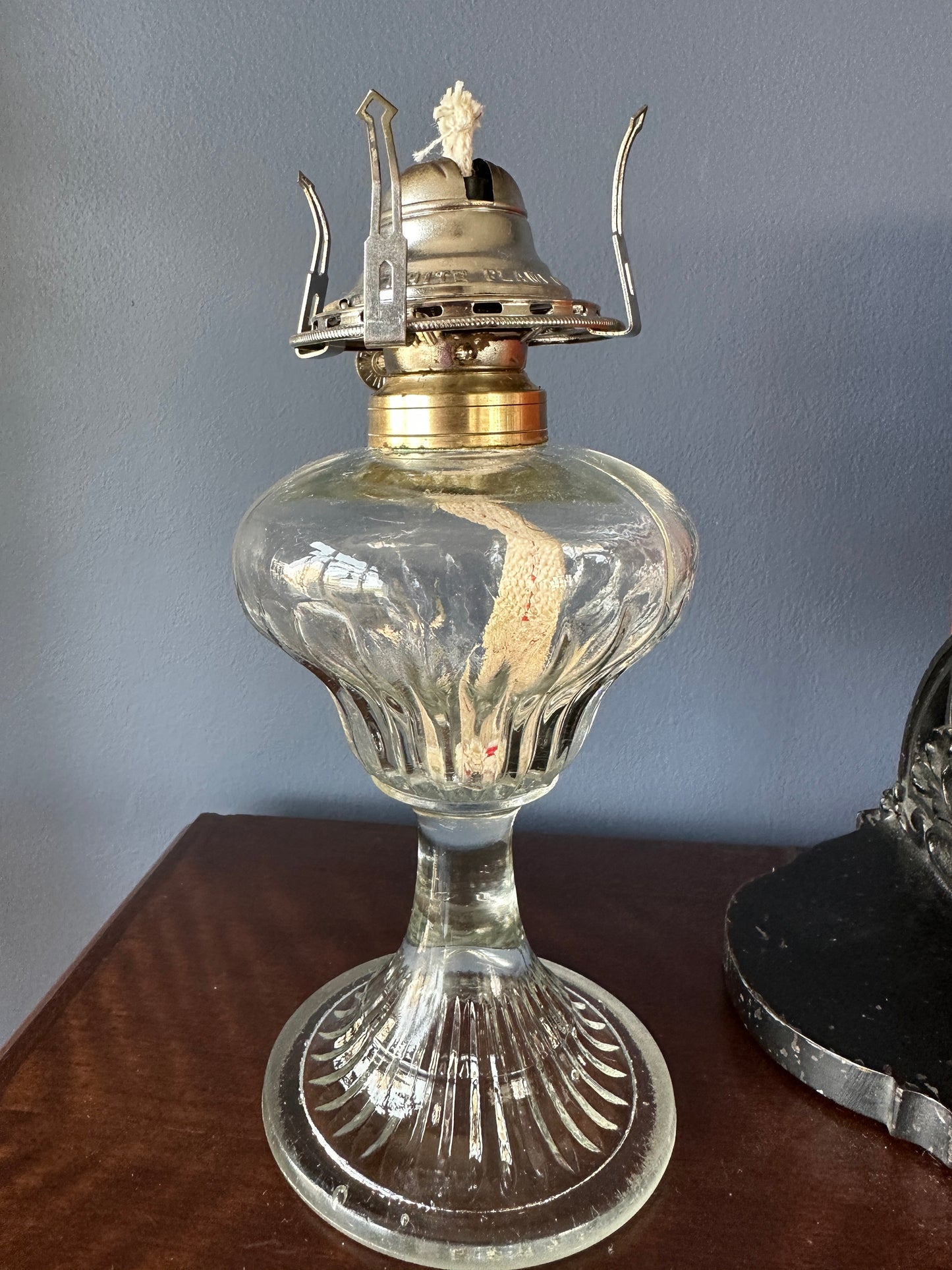Prism Patterned Pressed Glass Pedestal Oil Lamp