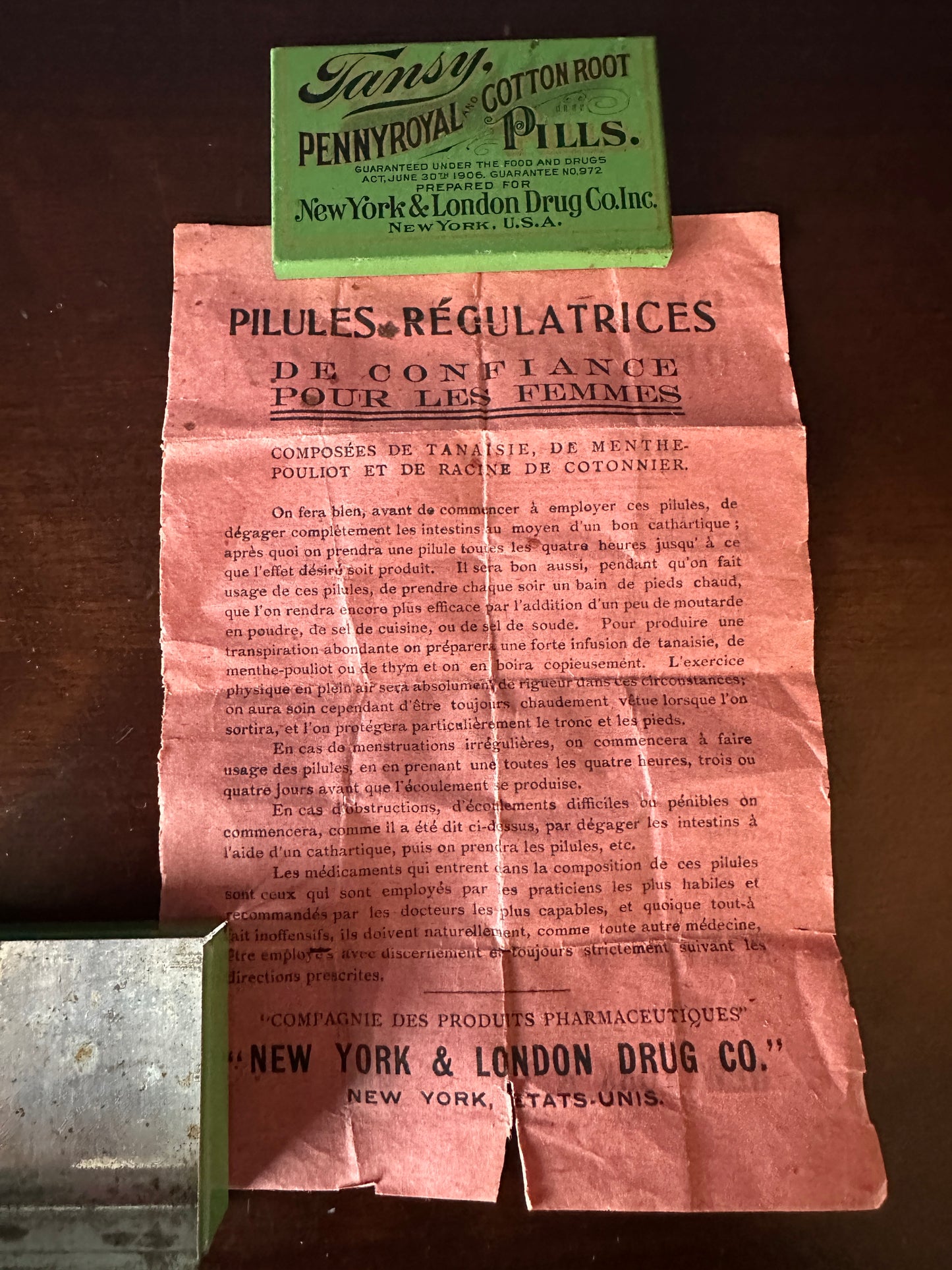 Tansy, Pennyroyal and Cotton Root Female Regulating Pills Patent Medicine Tin and Instruction Pamphlet