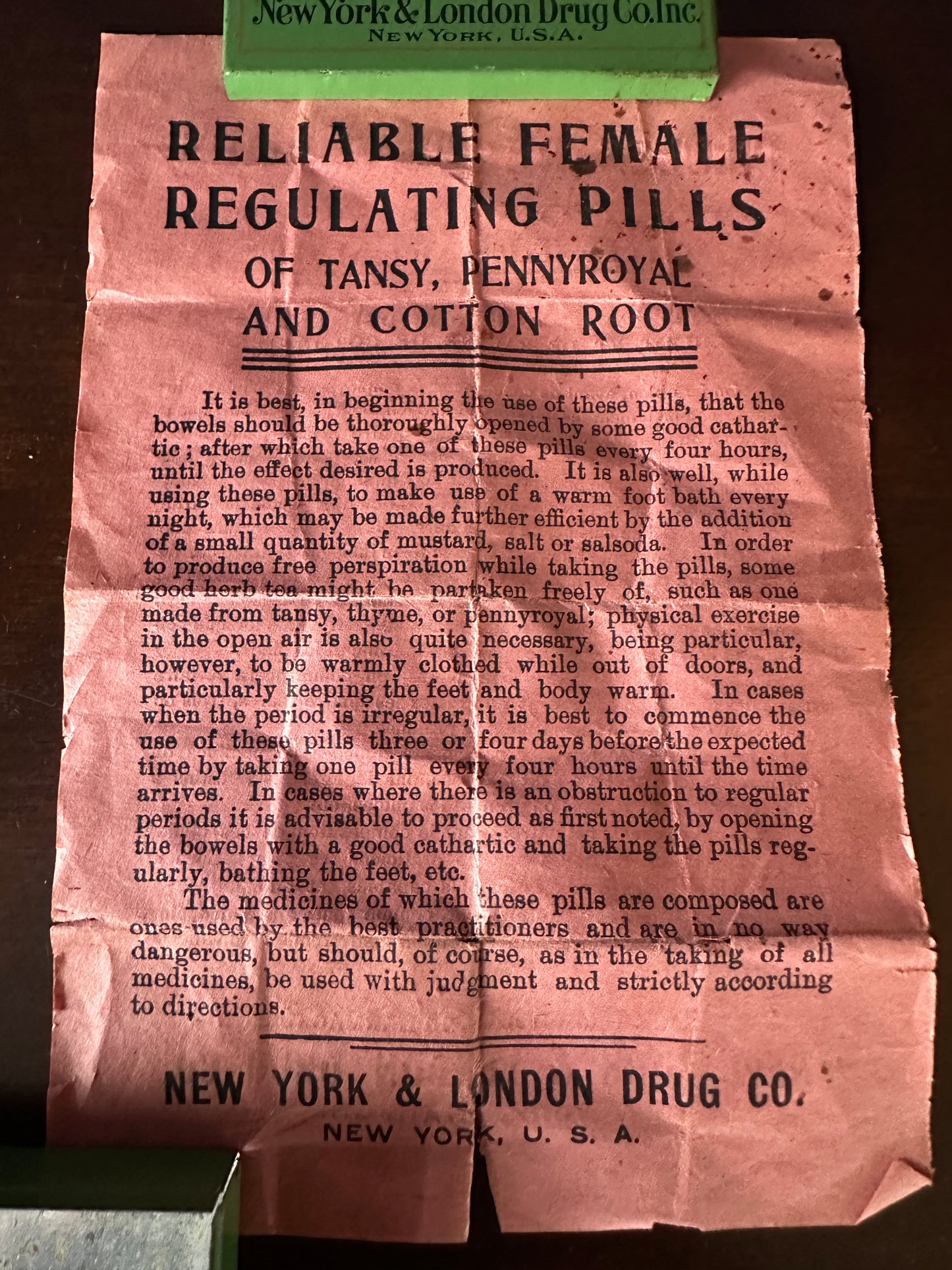 Tansy, Pennyroyal and Cotton Root Female Regulating Pills Patent Medicine Tin and Instruction Pamphlet