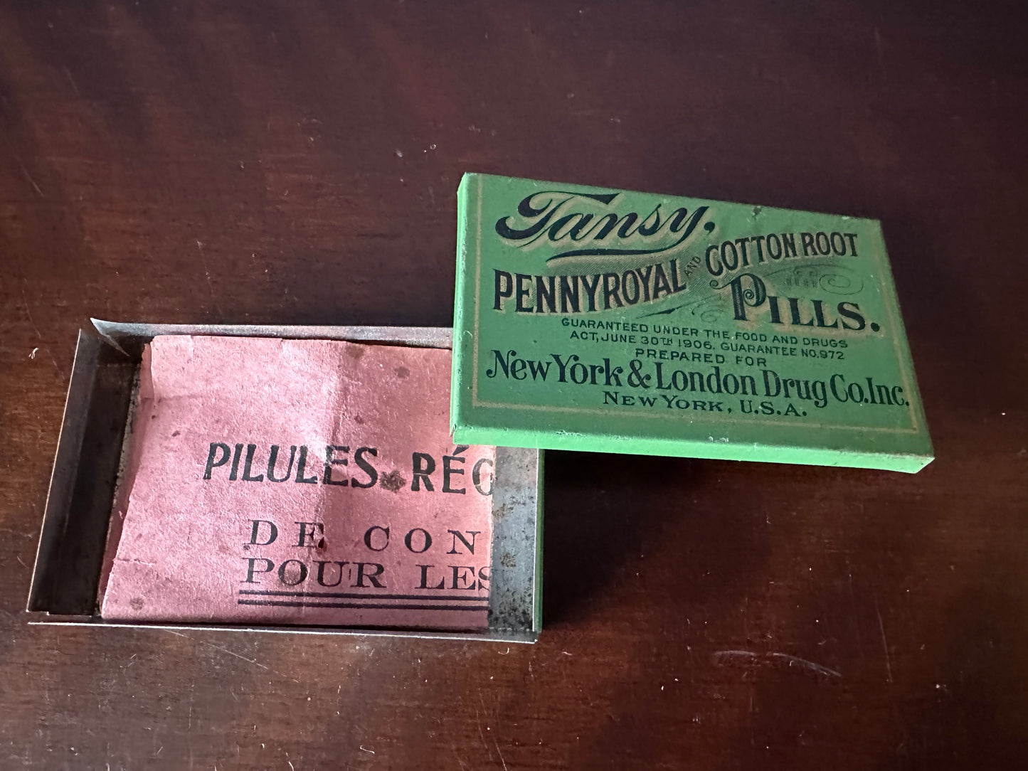 Tansy, Pennyroyal and Cotton Root Female Regulating Pills Patent Medicine Tin and Instruction Pamphlet