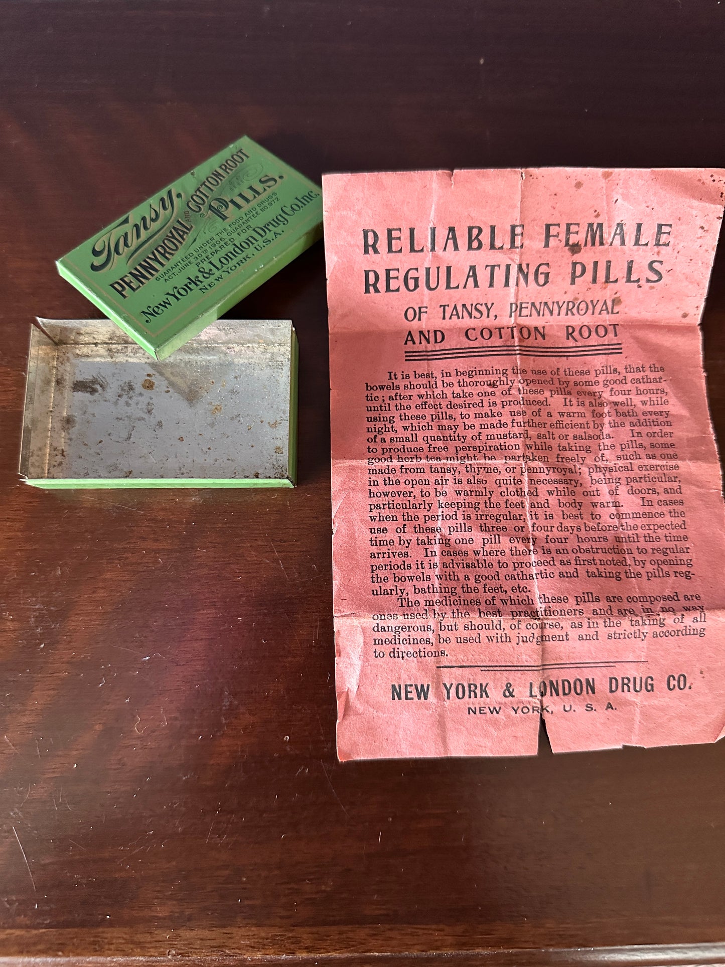 Tansy, Pennyroyal and Cotton Root Female Regulating Pills Patent Medicine Tin and Instruction Pamphlet