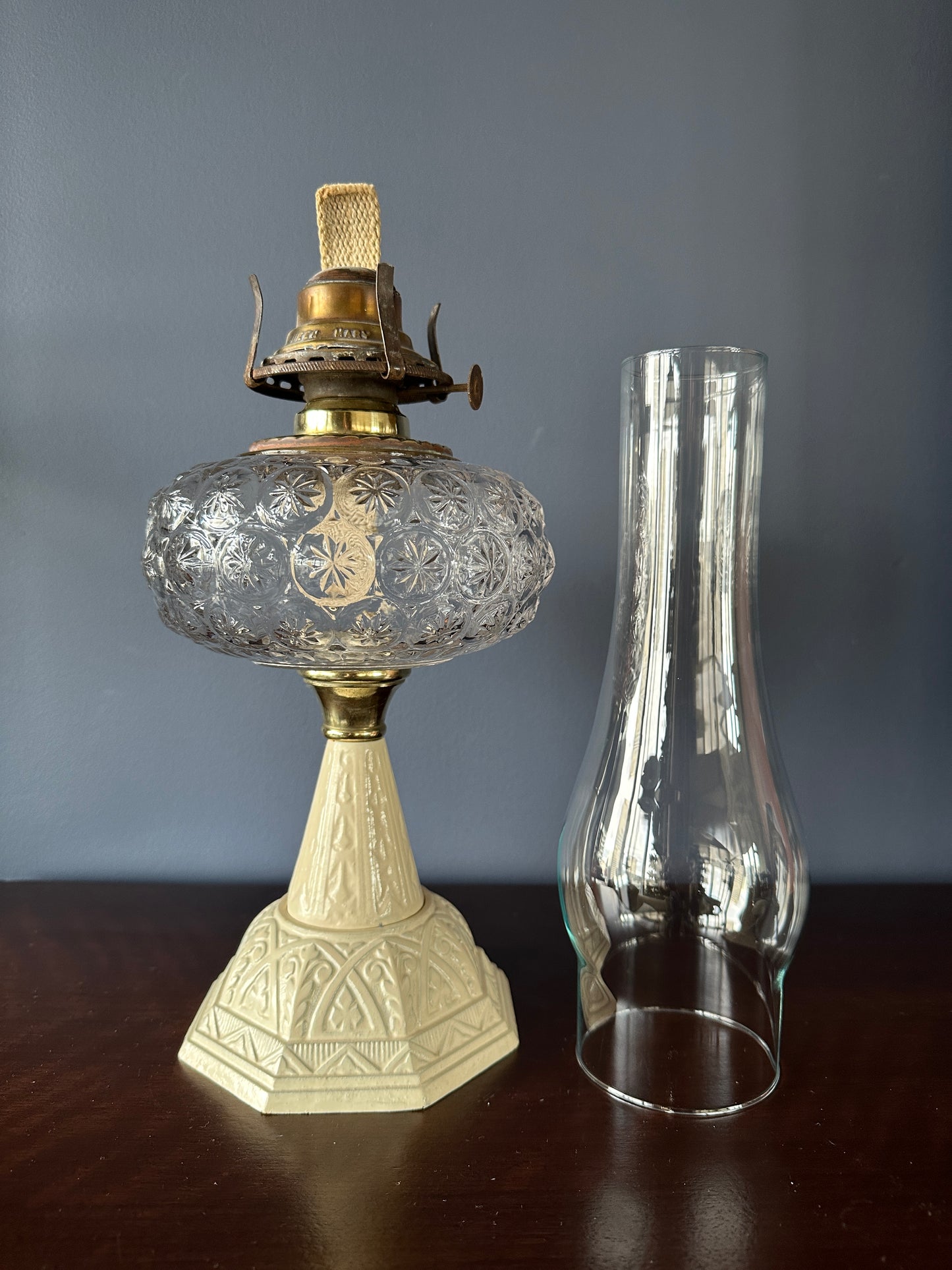 Victorian Pressed Glass, Brass, and Cast Iron Parlour Oil Lamp