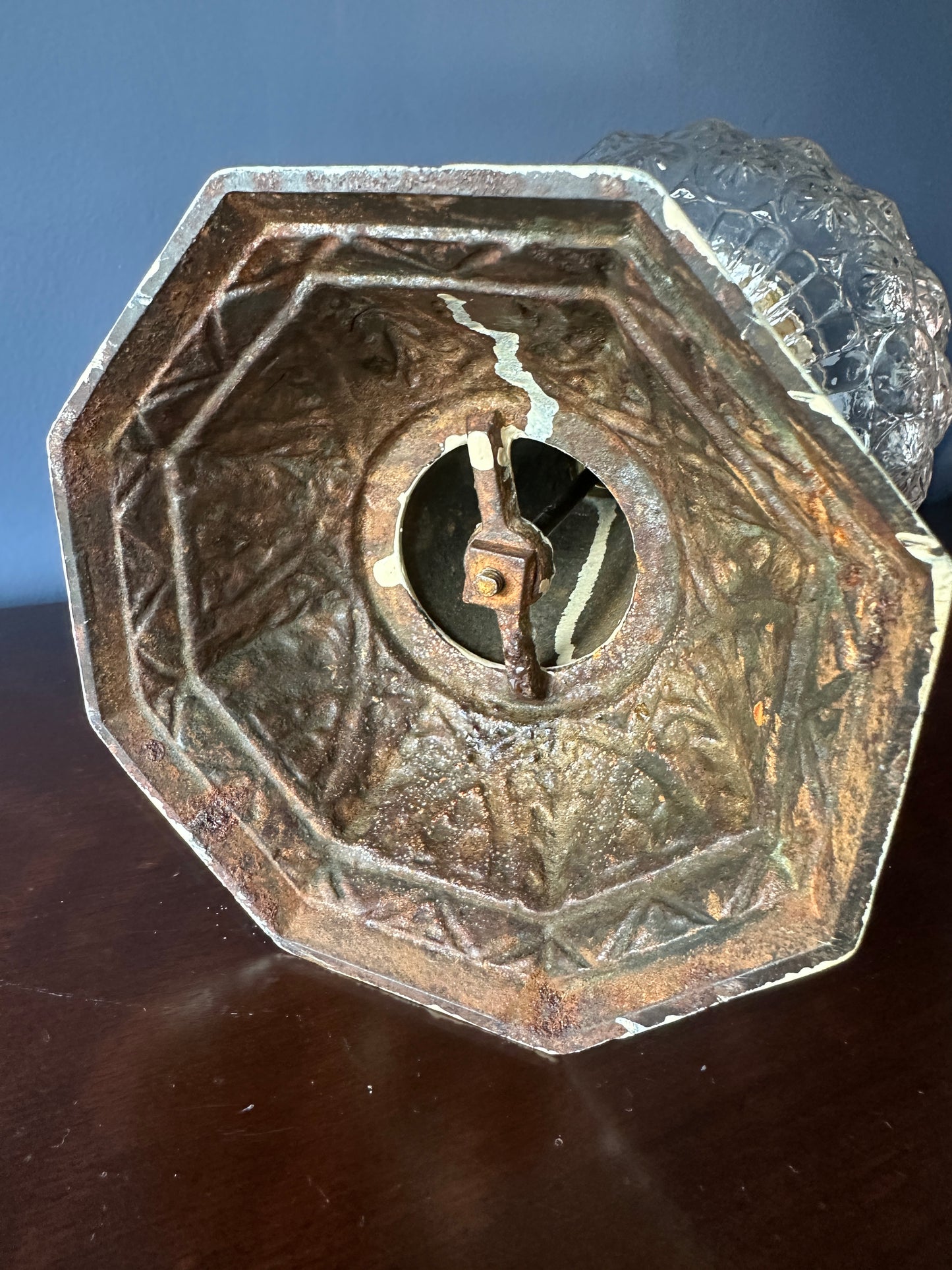 Victorian Pressed Glass, Brass, and Cast Iron Parlour Oil Lamp