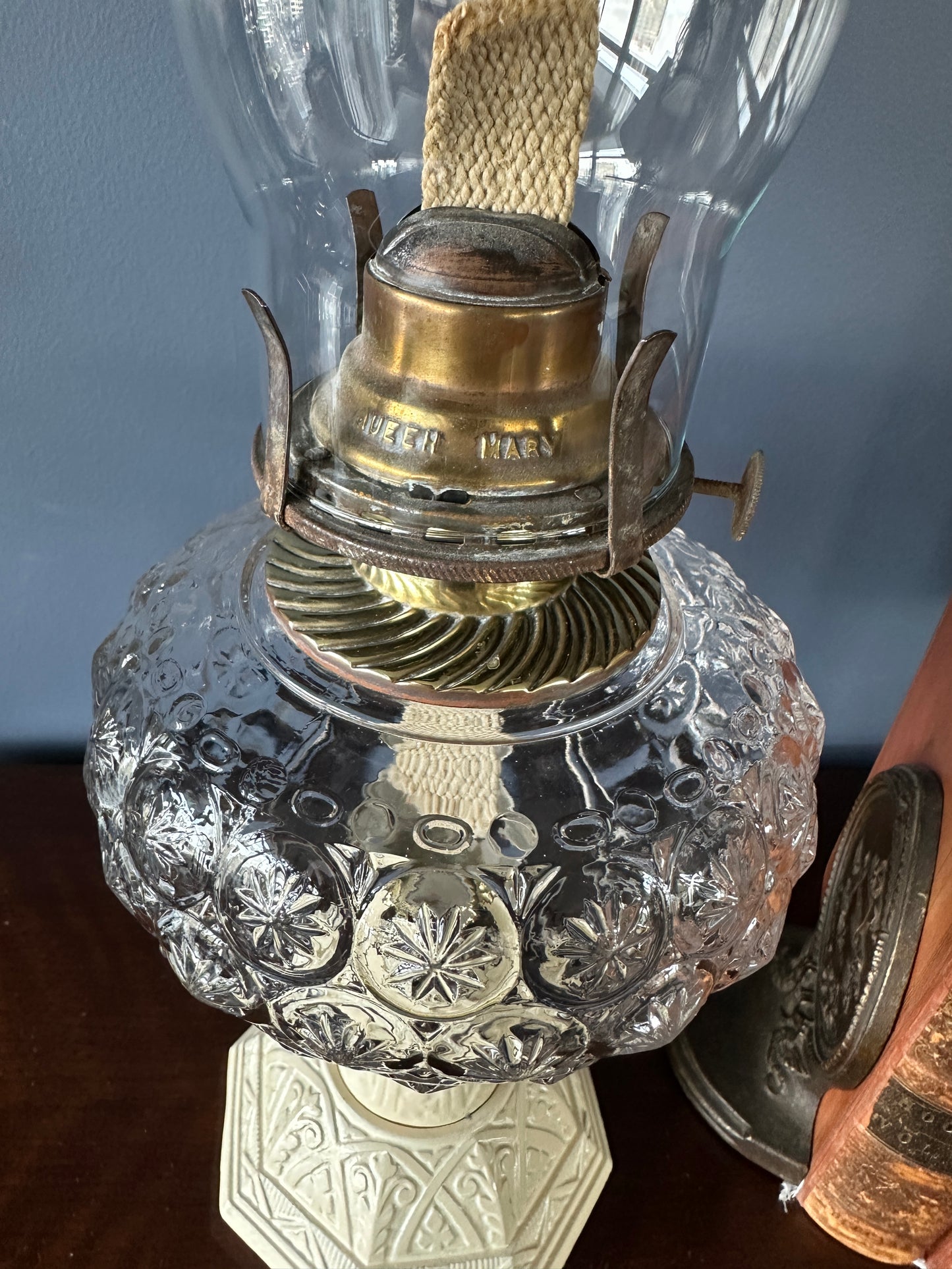 Victorian Pressed Glass, Brass, and Cast Iron Parlour Oil Lamp