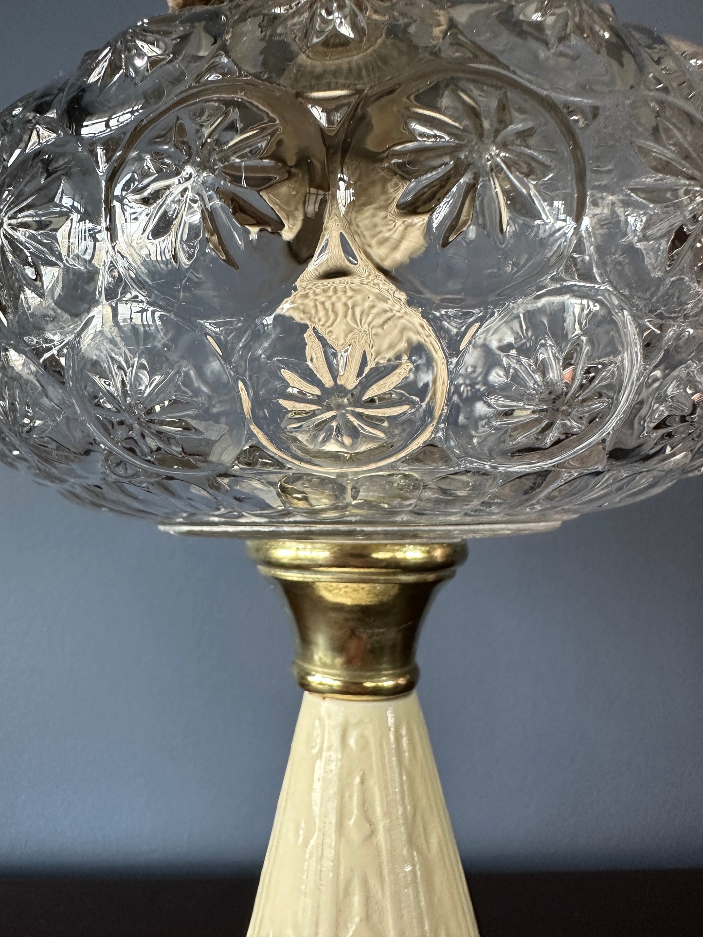 Victorian Pressed Glass, Brass, and Cast Iron Parlour Oil Lamp