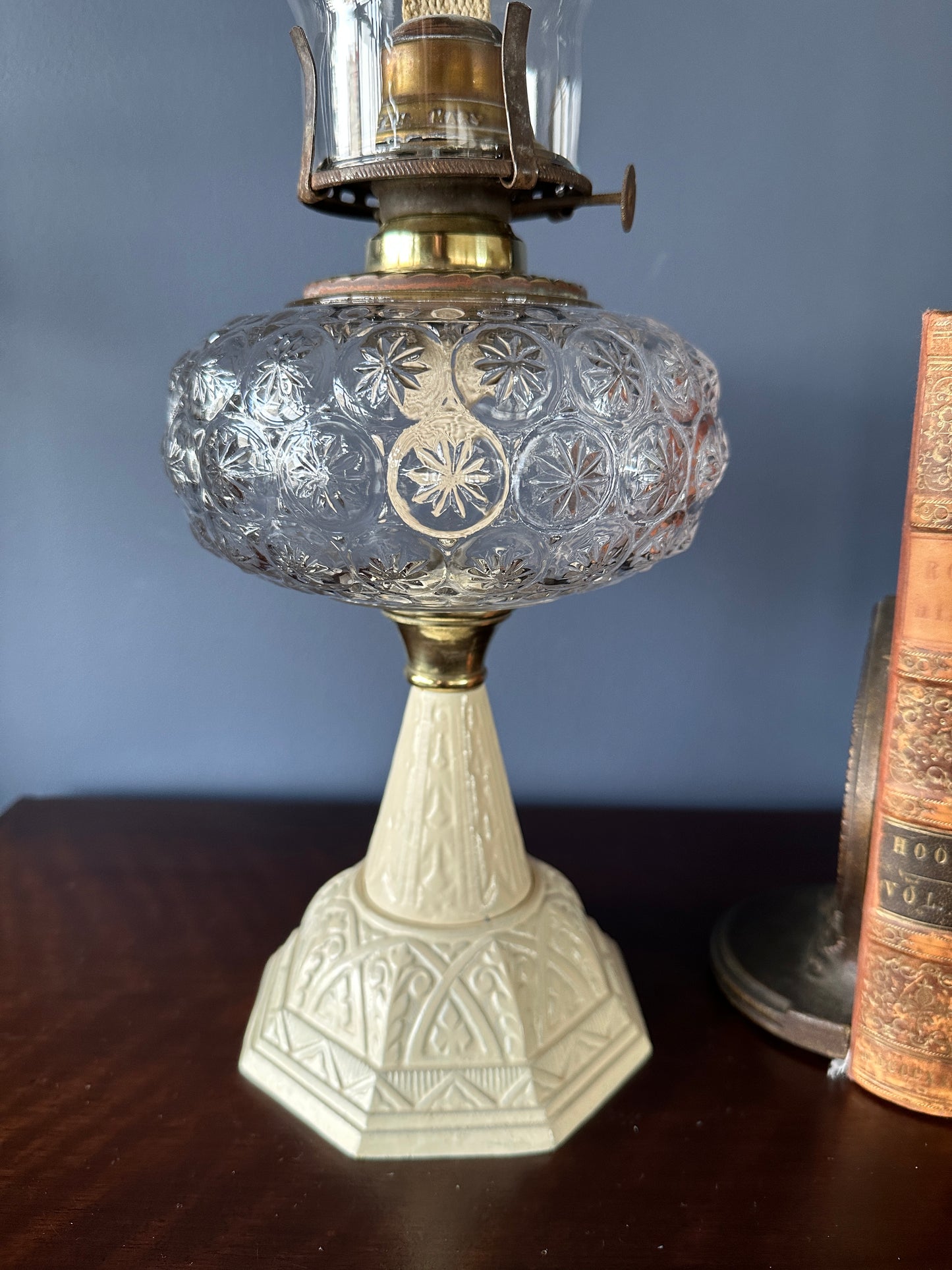 Victorian Pressed Glass, Brass, and Cast Iron Parlour Oil Lamp