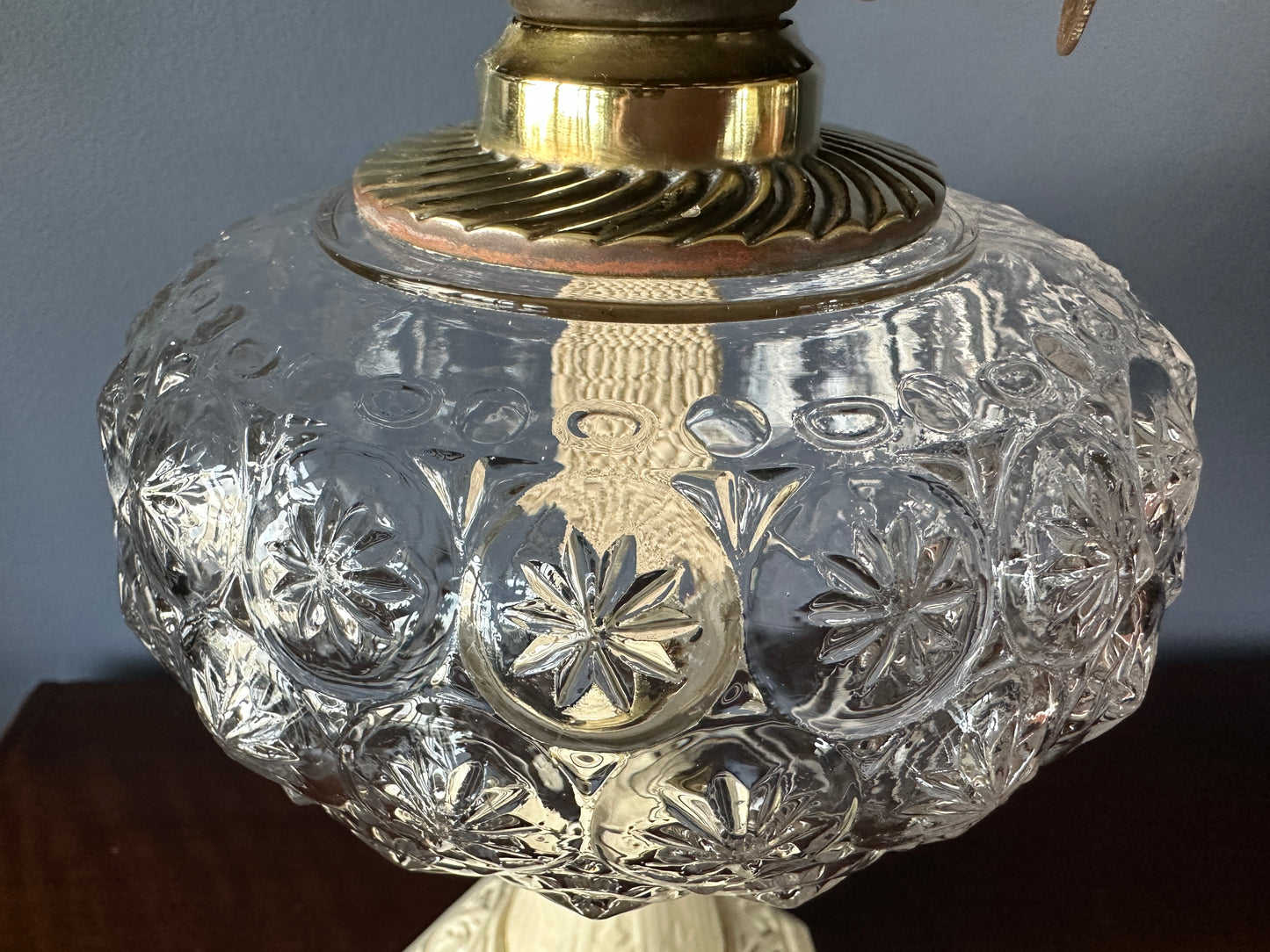 Victorian Pressed Glass, Brass, and Cast Iron Parlour Oil Lamp