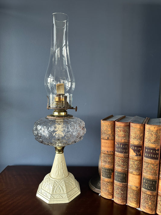 Victorian Pressed Glass, Brass, and Cast Iron Parlour Oil Lamp