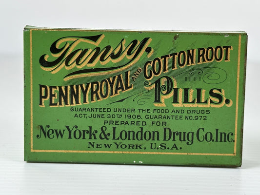 Tansy, Pennyroyal and Cotton Root Female Regulating Pills Patent Medicine Tin and Instruction Pamphlet