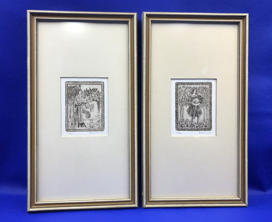 Two limited edition etchings, 1975, young man and woman, playing mandolin and petting a unicorn
