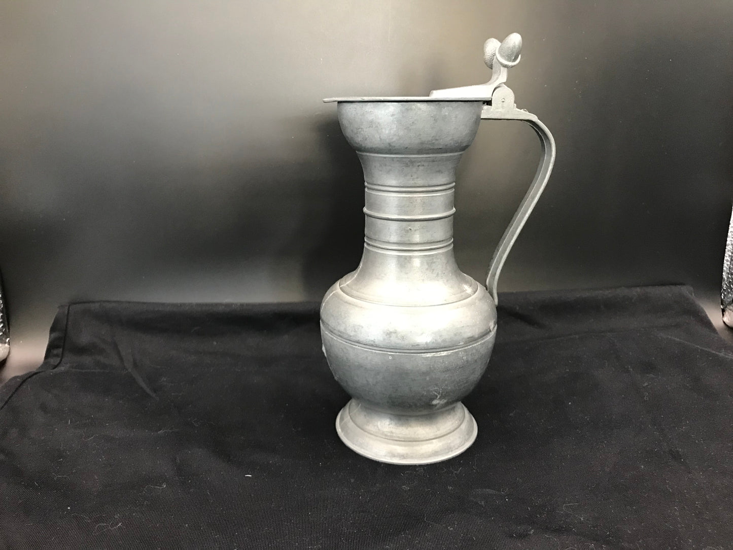 Pewter Jug with Double Acorn Finial on a Hinged Lid