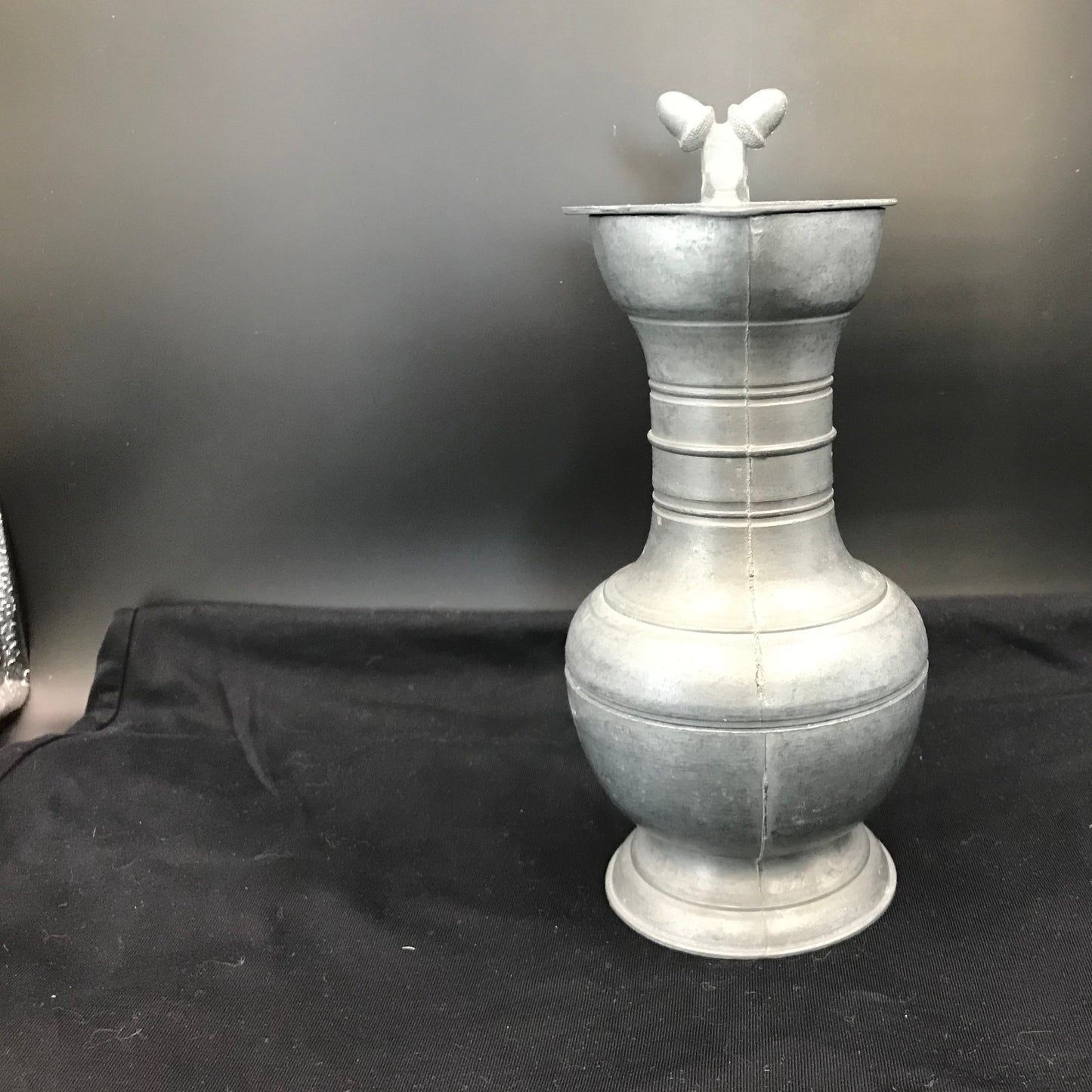 Pewter Jug with Double Acorn Finial on a Hinged Lid