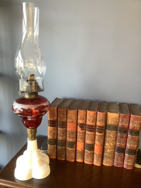 Ruby Glass Oil Lamp with Milk Glass Base