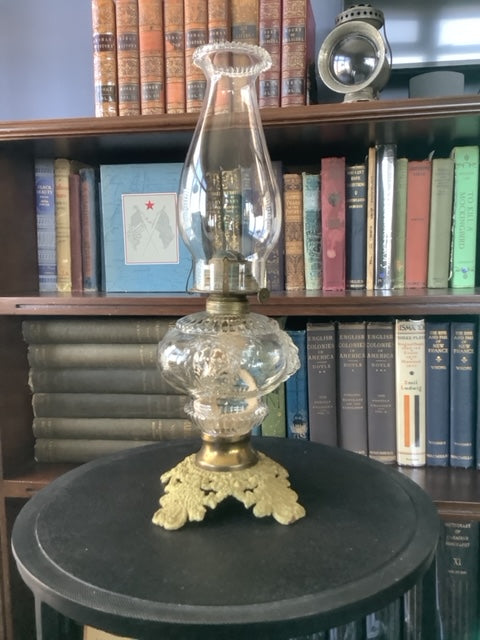 Four Lion Head Glass and Brass Pedestal Oil Lamp, full length image