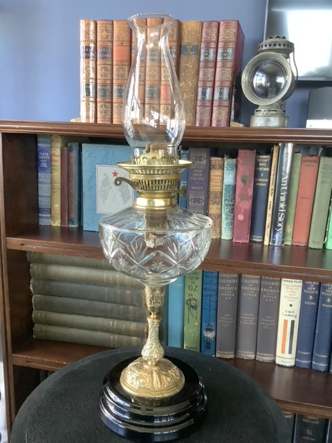Cut Glass, Brass, and Ceramic Duplex Oil Lamp