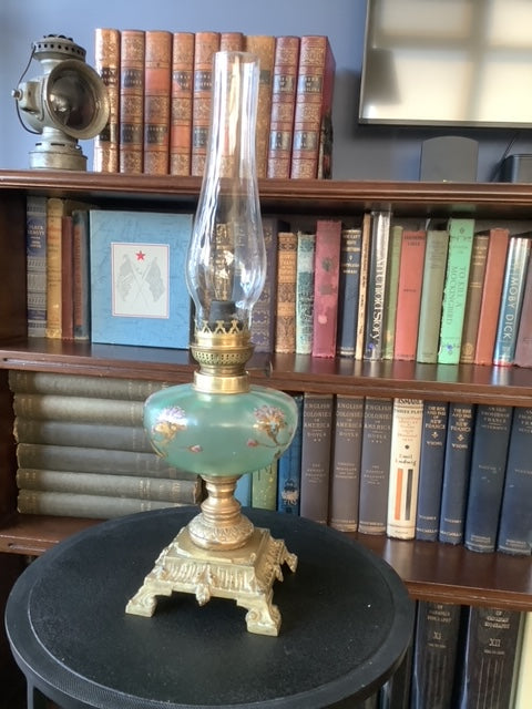 Satin Green Glass and Brass Oil Lamp with Gold & Pink Floral Accents