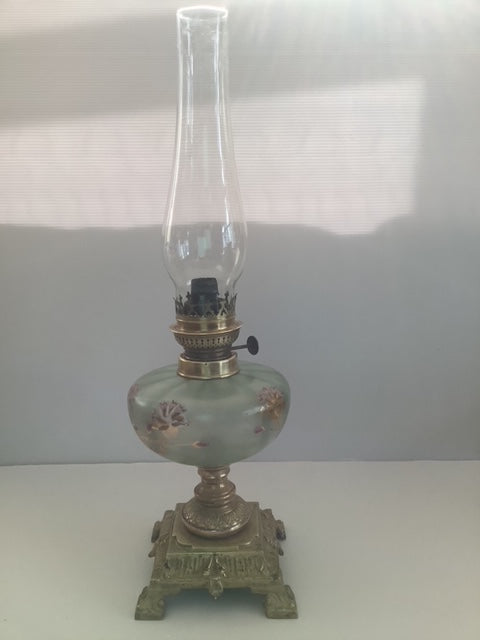 Satin Green Glass and Brass Oil Lamp with Gold & Pink Floral Accents