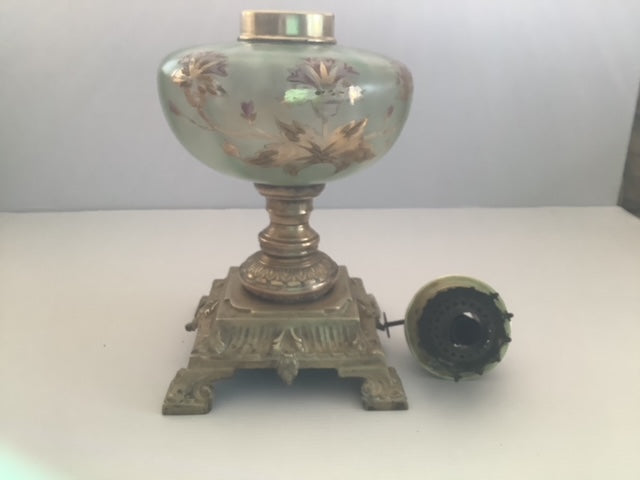 Satin Green Glass and Brass Oil Lamp with Gold & Pink Floral Accents